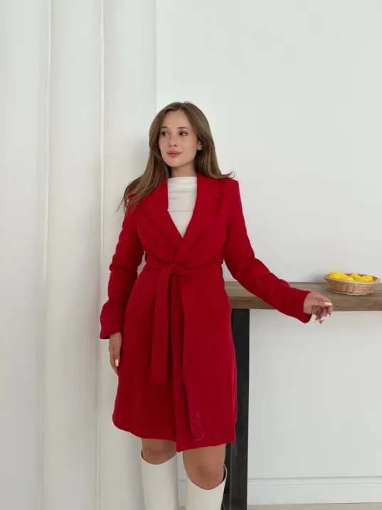 Cepli Kuşaklı Kaşe Kaban Kırmızı St26458