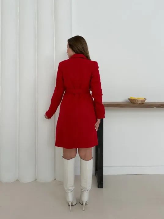 Cepli Kuşaklı Kaşe Kaban Kırmızı St26458