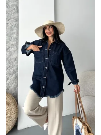 Cepli Püsküllü Kar Yıkama Kot Ceket Koyu Mavi D2515