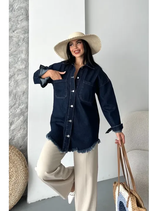 Cepli Püsküllü Kar Yıkama Kot Ceket Koyu Mavi D2515 Cepli Püsküllü Kar Yıkama Kot Ceket Koyu Mavi D2515