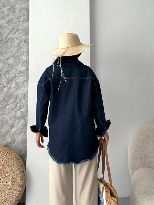 Cepli püsküllü kar yıkama kot ceket koyu mavi d2515 Cepli püsküllü kar yıkama kot ceket koyu mavi d2515