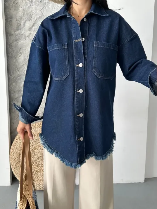 Cepli Püsküllü Kar Yıkama Kot Ceket Koyu Mavi D2515