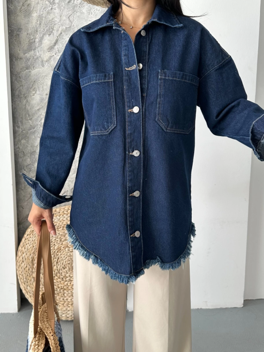 Cepli püsküllü kar yıkama kot ceket koyu mavi d2515 Cepli püsküllü kar yıkama kot ceket koyu mavi d2515