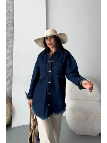 Cepli Püsküllü Kar Yıkama Kot Ceket Koyu Mavi D2515