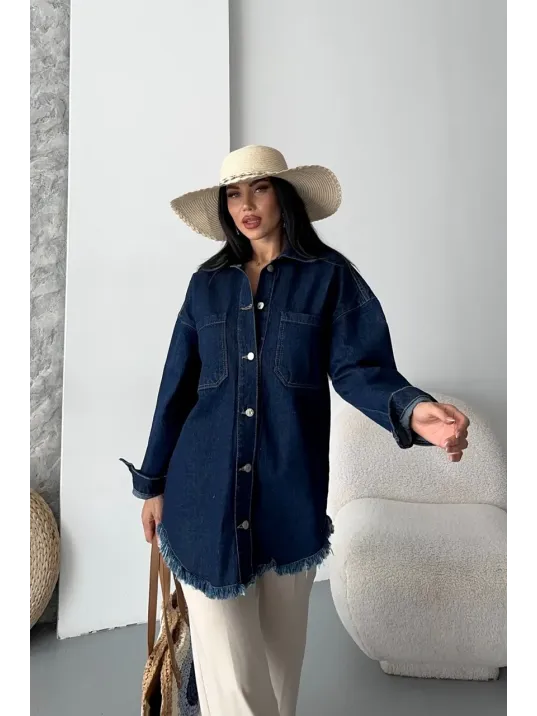 Cepli Püsküllü Kar Yıkama Kot Ceket Koyu Mavi D2515