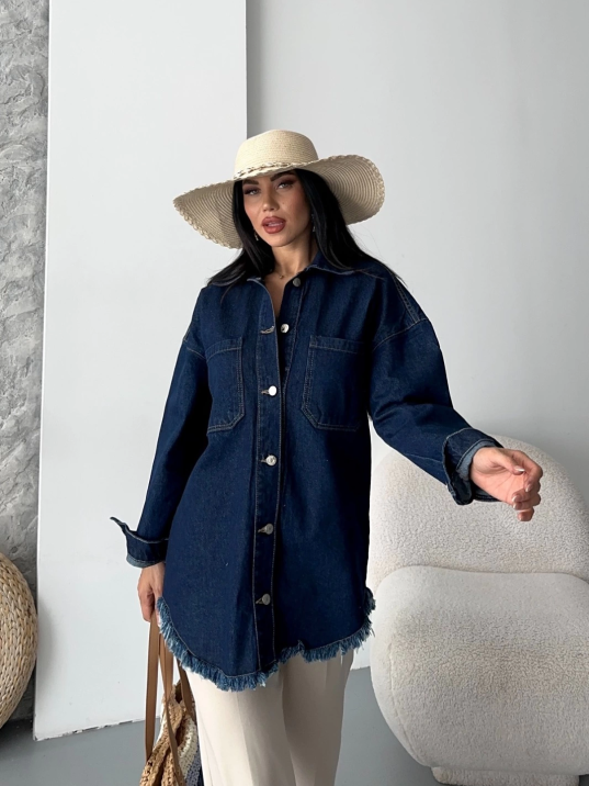 Cepli püsküllü kar yıkama kot ceket koyu mavi d2515 Cepli püsküllü kar yıkama kot ceket koyu mavi d2515