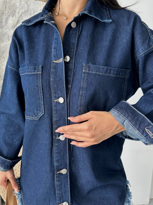 Cepli püsküllü kar yıkama kot ceket koyu mavi d2515 Cepli püsküllü kar yıkama kot ceket koyu mavi d2515