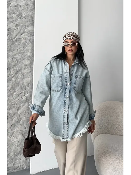 Cepli Püsküllü Kar Yıkama Kot Ceket Mavi D2515