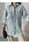 Cepli Püsküllü Kar Yıkama Kot Ceket Mavi D2515