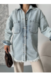 Cepli Püsküllü Kar Yıkama Kot Ceket Mavi D2515
