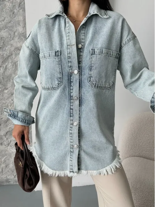 Cepli Püsküllü Kar Yıkama Kot Ceket Mavi D2515