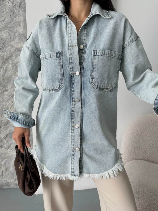 Cepli püsküllü kar yıkama kot ceket mavi d2515 Cepli püsküllü kar yıkama kot ceket mavi d2515