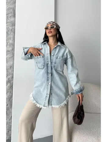 Cepli Püsküllü Kar Yıkama Kot Ceket Mavi D2515