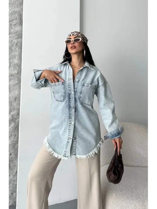 Cepli Püsküllü Kar Yıkama Kot Ceket Mavi D2515 Cepli Püsküllü Kar Yıkama Kot Ceket Mavi D2515