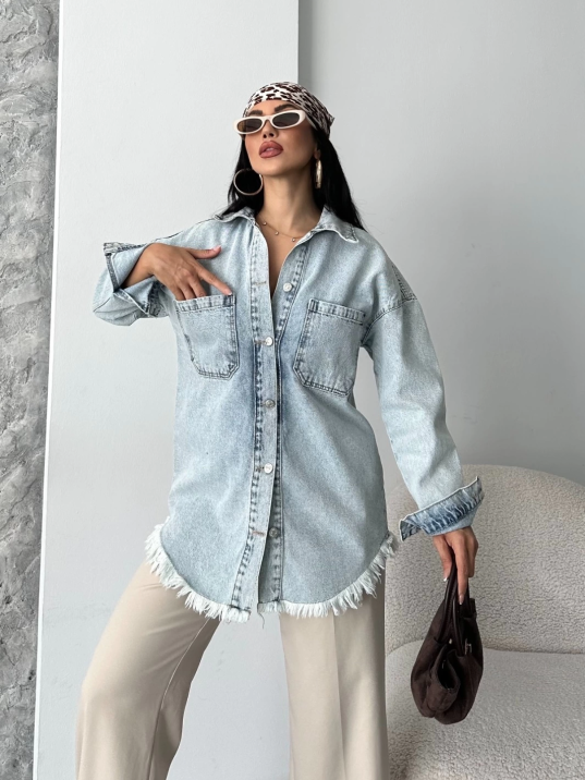 Cepli püsküllü kar yıkama kot ceket mavi d2515 Cepli püsküllü kar yıkama kot ceket mavi d2515