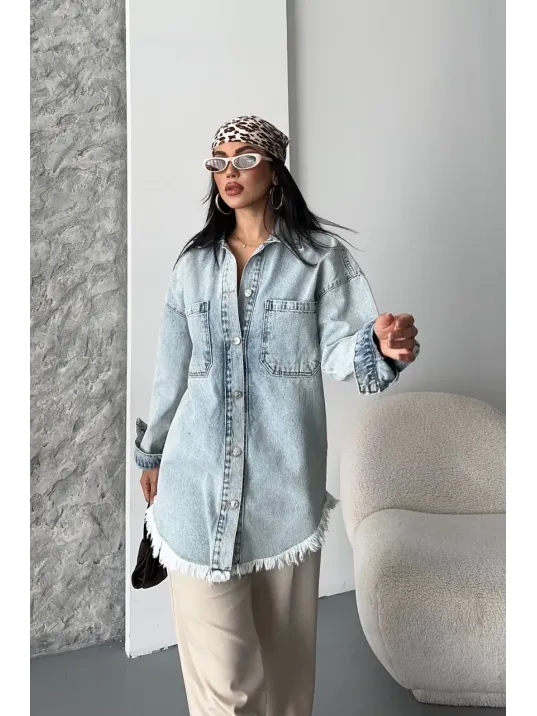 Cepli Püsküllü Kar Yıkama Kot Ceket Mavi D2515