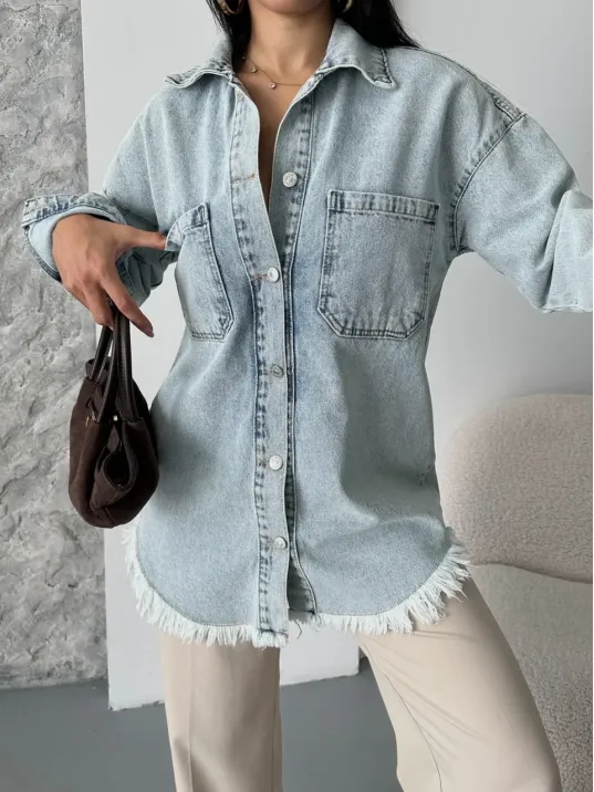 Cepli Püsküllü Kar Yıkama Kot Ceket Mavi D2515