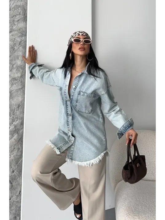 Cepli Püsküllü Kar Yıkama Kot Ceket Mavi D2515