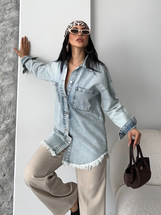 Cepli püsküllü kar yıkama kot ceket mavi d2515 Cepli püsküllü kar yıkama kot ceket mavi d2515