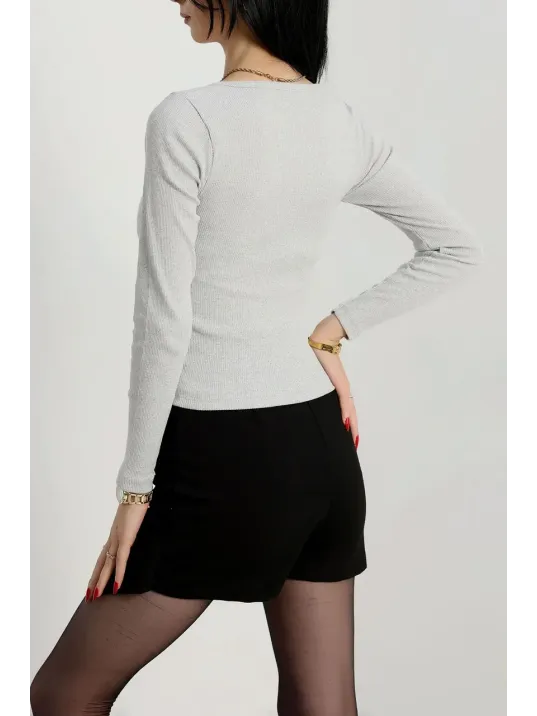 Çerçeve Yaka Kaşkorse Bluz Gri