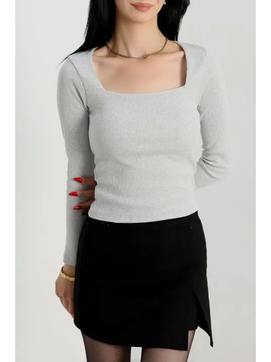 Çerçeve Yaka Kaşkorse Bluz Gri