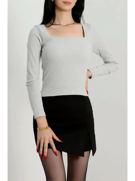 Çerçeve Yaka Kaşkorse Bluz Gri