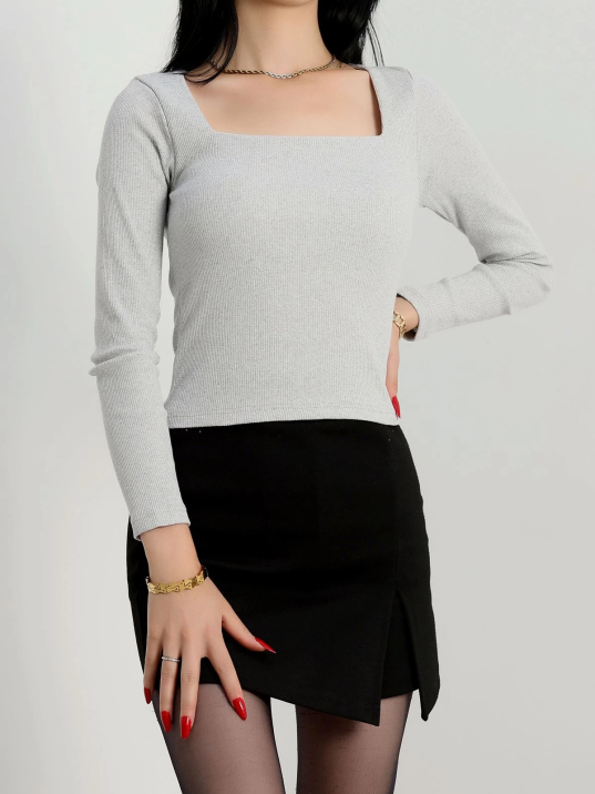 Çerçeve yaka kaşkorse bluz gri