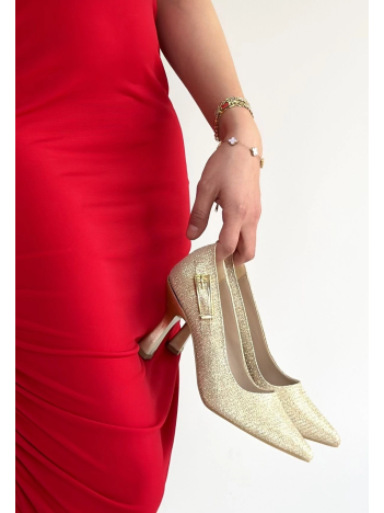 Cerin Gold Saten Simli Topuklu Ayakkabı