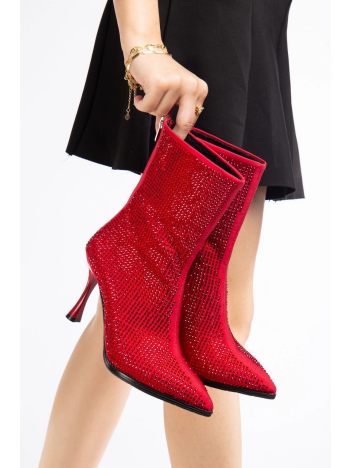 Chiy Kırmızı Süet Taşlı Topuklu Bot