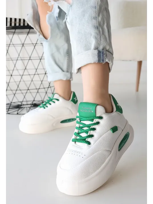 Chris Beyaz Cilt Yeşil Detaylı Bağcıklı Spor Ayakkabı