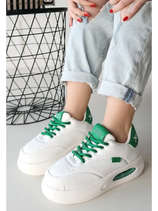 Chris Beyaz Cilt Yeşil Detaylı Bağcıklı Spor Ayakkabı