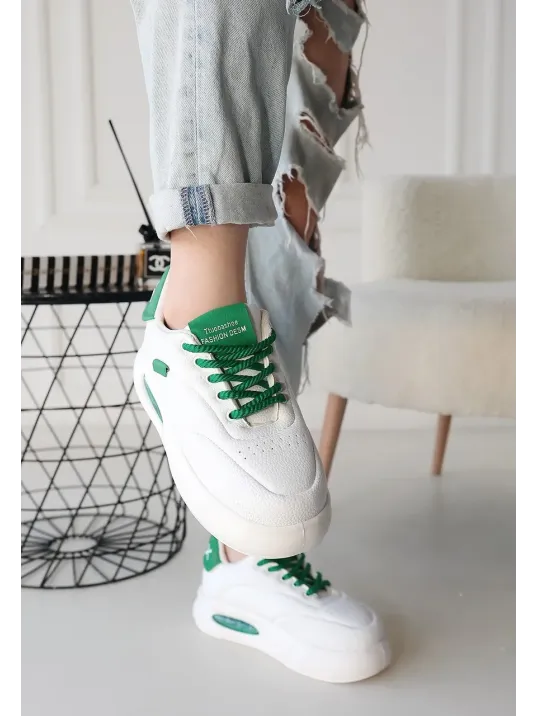 Chris Beyaz Cilt Yeşil Detaylı Bağcıklı Spor Ayakkabı