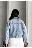 Çift Cepli Kol Katlamalı Kar Yıkama Crop Kot Ceket Buz Mavi D2000