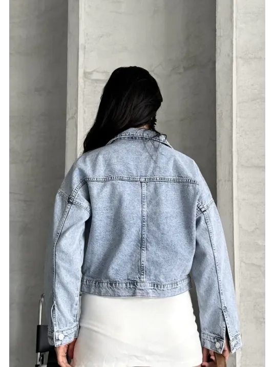 Çift Cepli Kol Katlamalı Kar Yıkama Crop Kot Ceket Buz Mavi D2000