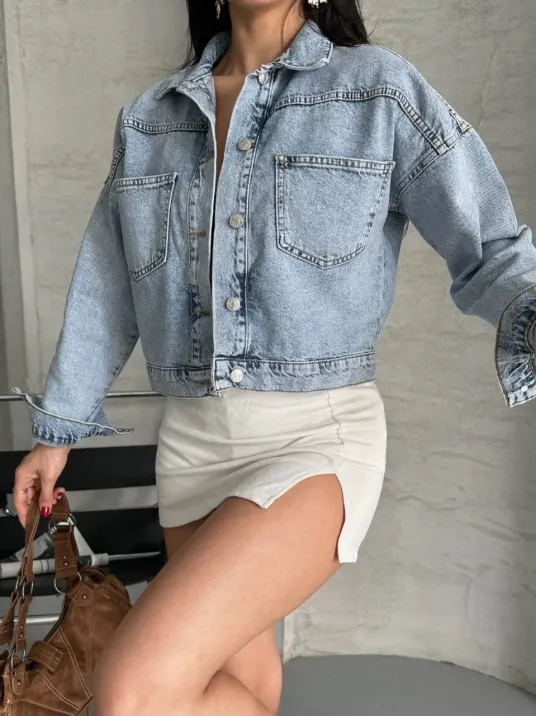 Çift Cepli Kol Katlamalı Kar Yıkama Crop Kot Ceket Buz Mavi D2000