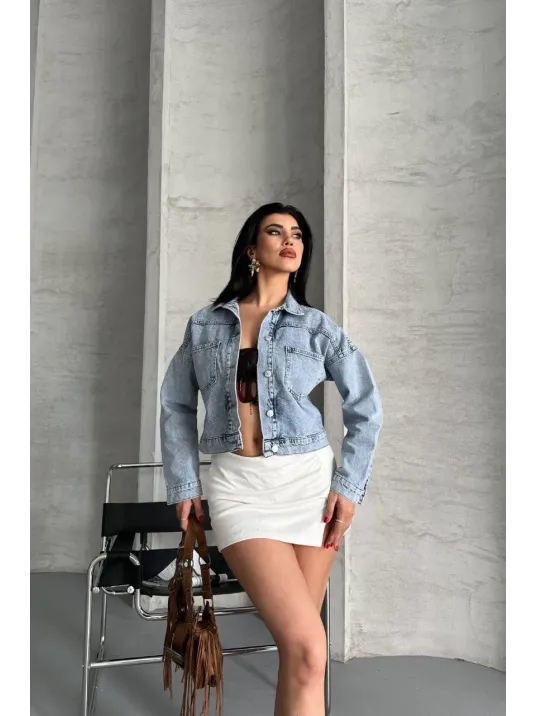 Çift Cepli Kol Katlamalı Kar Yıkama Crop Kot Ceket Buz Mavi D2000