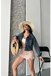 Çift Cepli Kol Katlamalı Kar Yıkama Crop Kot Ceket Kahve Tint D2000