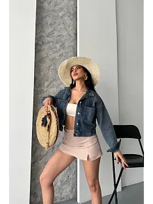 Çift Cepli Kol Katlamalı Kar Yıkama Crop Kot Ceket Kahve Tint D2000