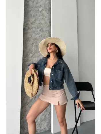 Çift Cepli Kol Katlamalı Kar Yıkama Crop Kot Ceket Kahve Tint D2000