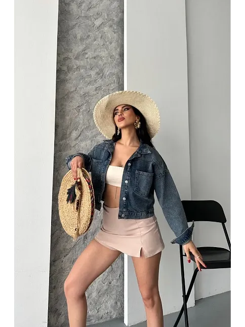 Çift Cepli Kol Katlamalı Kar Yıkama Crop Kot Ceket Kahve Tint D2000