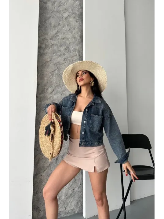 Çift Cepli Kol Katlamalı Kar Yıkama Crop Kot Ceket Kahve Tint D2000