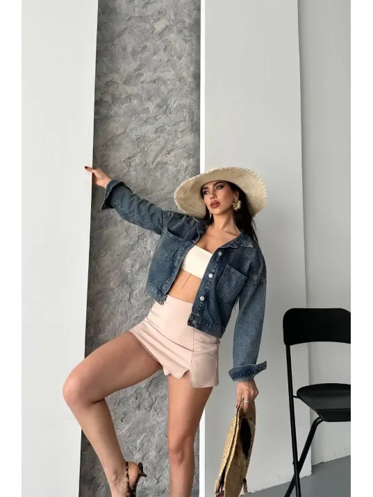 Çift Cepli Kol Katlamalı Kar Yıkama Crop Kot Ceket Kahve Tint D2000