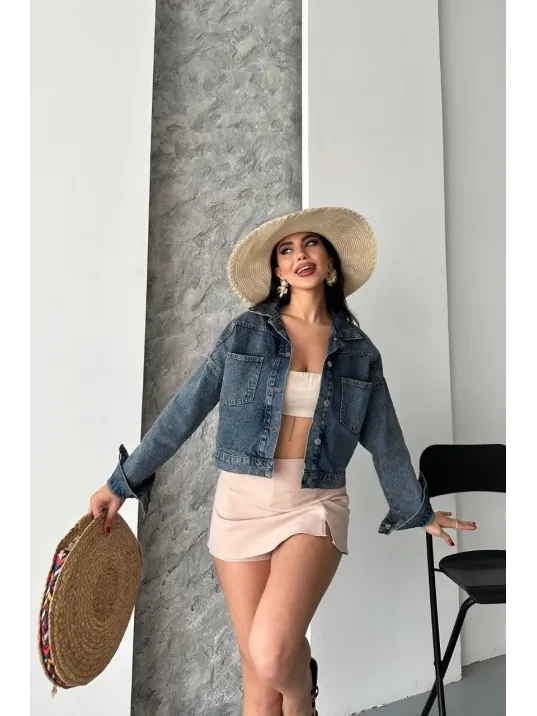 Çift Cepli Kol Katlamalı Kar Yıkama Crop Kot Ceket Kahve Tint D2000