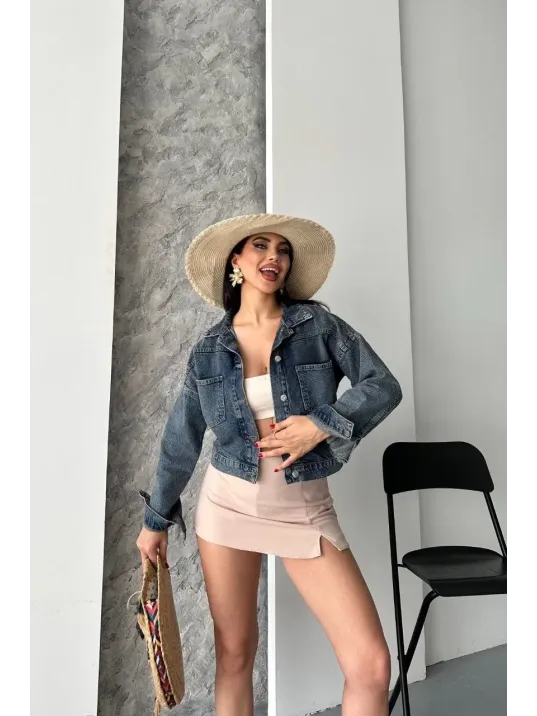 Çift Cepli Kol Katlamalı Kar Yıkama Crop Kot Ceket Kahve Tint D2000