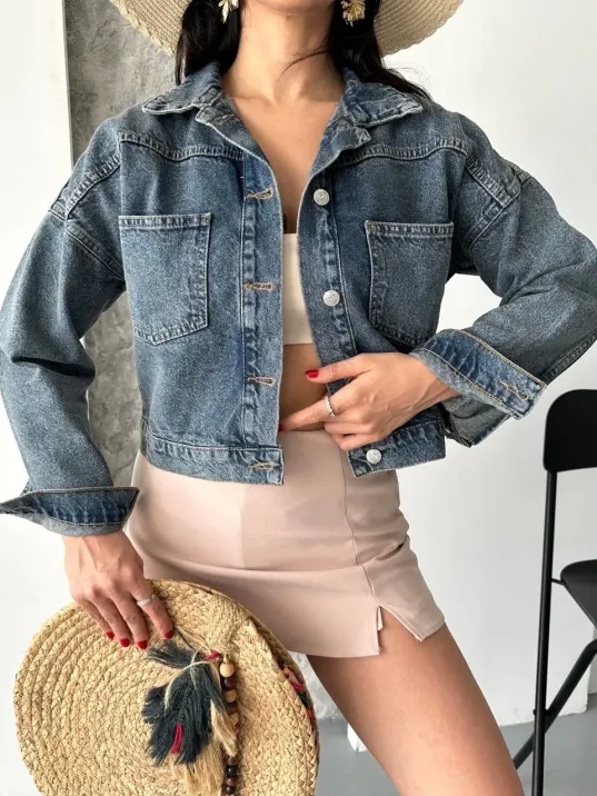 Çift Cepli Kol Katlamalı Kar Yıkama Crop Kot Ceket Kahve Tint D2000 Çift Cepli Kol Katlamalı Kar Yıkama Crop Kot Ceket Kahve Tint D2000