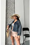 Çift Cepli Kol Katlamalı Kar Yıkama Crop Kot Ceket Kahve Tint D2000