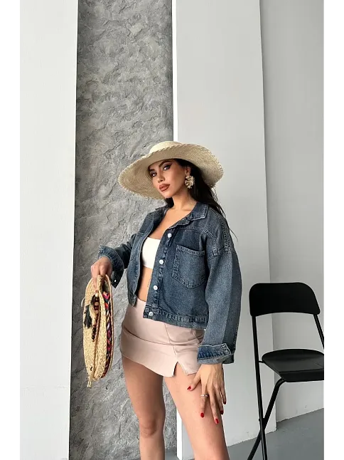 Çift Cepli Kol Katlamalı Kar Yıkama Crop Kot Ceket Kahve Tint D2000