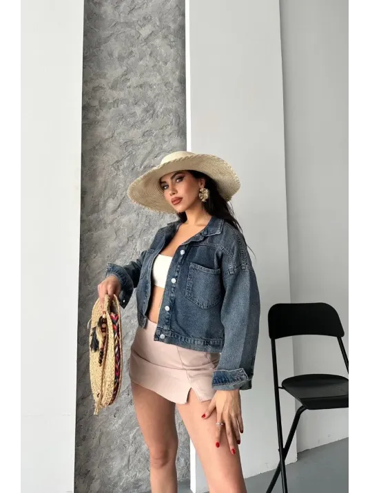 Çift Cepli Kol Katlamalı Kar Yıkama Crop Kot Ceket Kahve Tint D2000