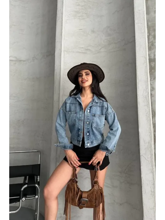 Çift Cepli Kol Katlamalı Kar Yıkama Crop Kot Ceket Mavi D2000