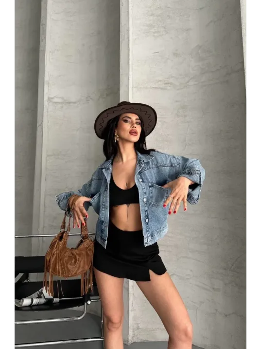 Çift Cepli Kol Katlamalı Kar Yıkama Crop Kot Ceket Mavi D2000